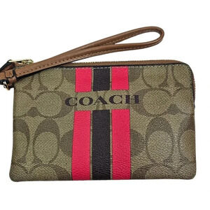 Coach Varsity Large Wristlet Khaki Pink Ruby‎ Stripe Signature C Canvas